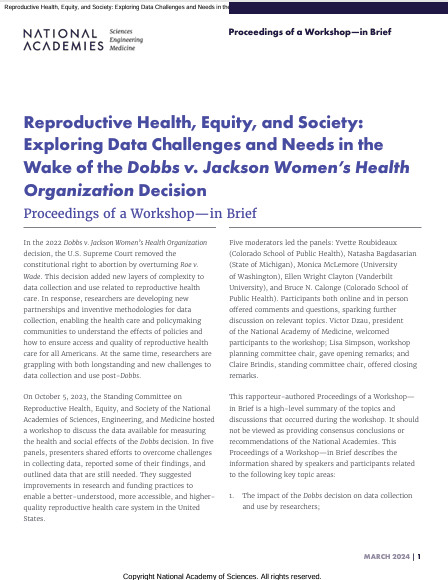 Book Cover: reproductive health, Equity, and Society: Exploring Data challenges and Needs in the Wake of the Dobbs v. Jackson Women’s Health Organization Decision