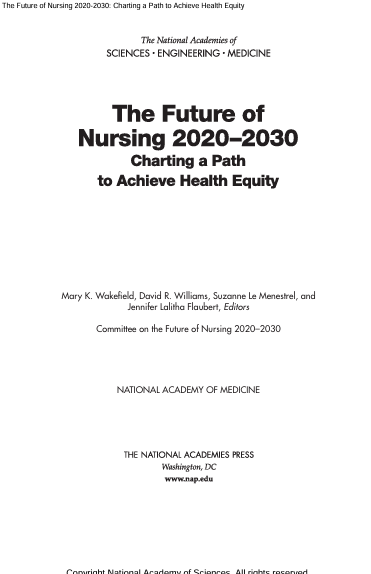 Book Cover: The Future of Nursing 2020–2030 Charting a Path to Achieve Health Equity