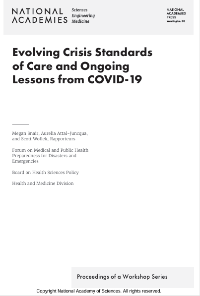 Book Cover: Evolving Crisis Standards of Care and Ongoing Lessons from COVID-19
