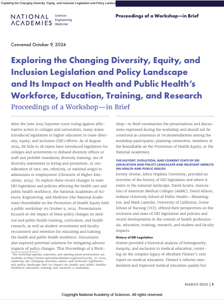 Book Cover: Exploring the Changing Diversity, Equity, and Inclusion Legislation and Policy Landscape and Its Impact on Health and Public Health’s  Workforce, Education, Training, and Research