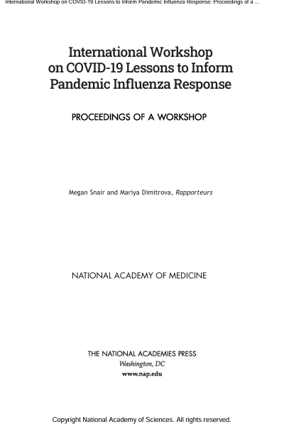 Book Cover: International Workshop on COVID-19 Lessons to Inform  Pandemic Influenza Response