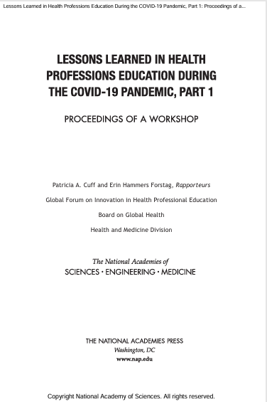 Book Cover: LESSONS LEARNED IN HEALTH PROFESSIONS EDUCATION DURING THE COVID-19 PANDEMIC, PART 1
