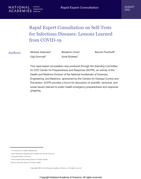 Book Cover: Rapid Expert Consultation on Self-Tests  for Infectious Diseases: Lessons Learned from COVID-19