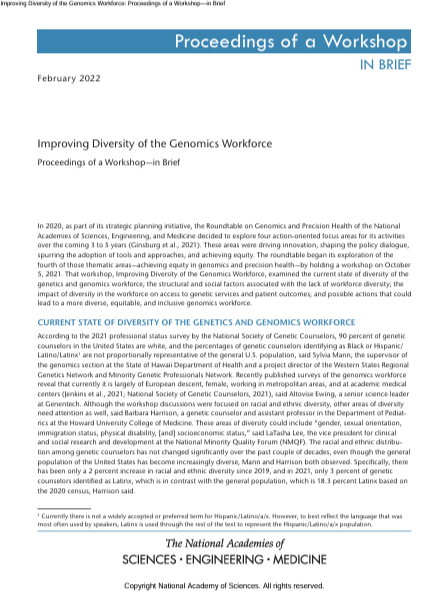 Book Cover: Improving Diversity of the Genomics Workforce
