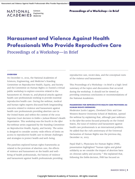 Book Cover: Harassment and Violence Against Health  Professionals Who Provide Reproductive Care